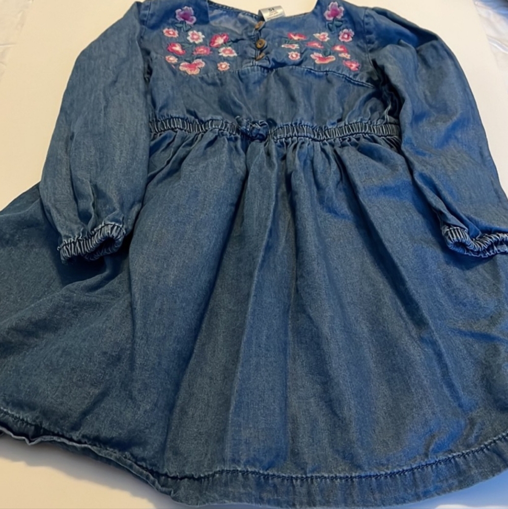 Girls Embroidered Floral Chambray Dress